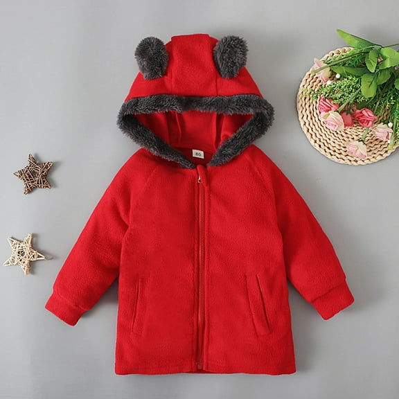 Toddler Kids Baby Boys Girls Fashion Cute Solid Color Keep Warm Zipper Bear Ear Hooded Jacket Coat
