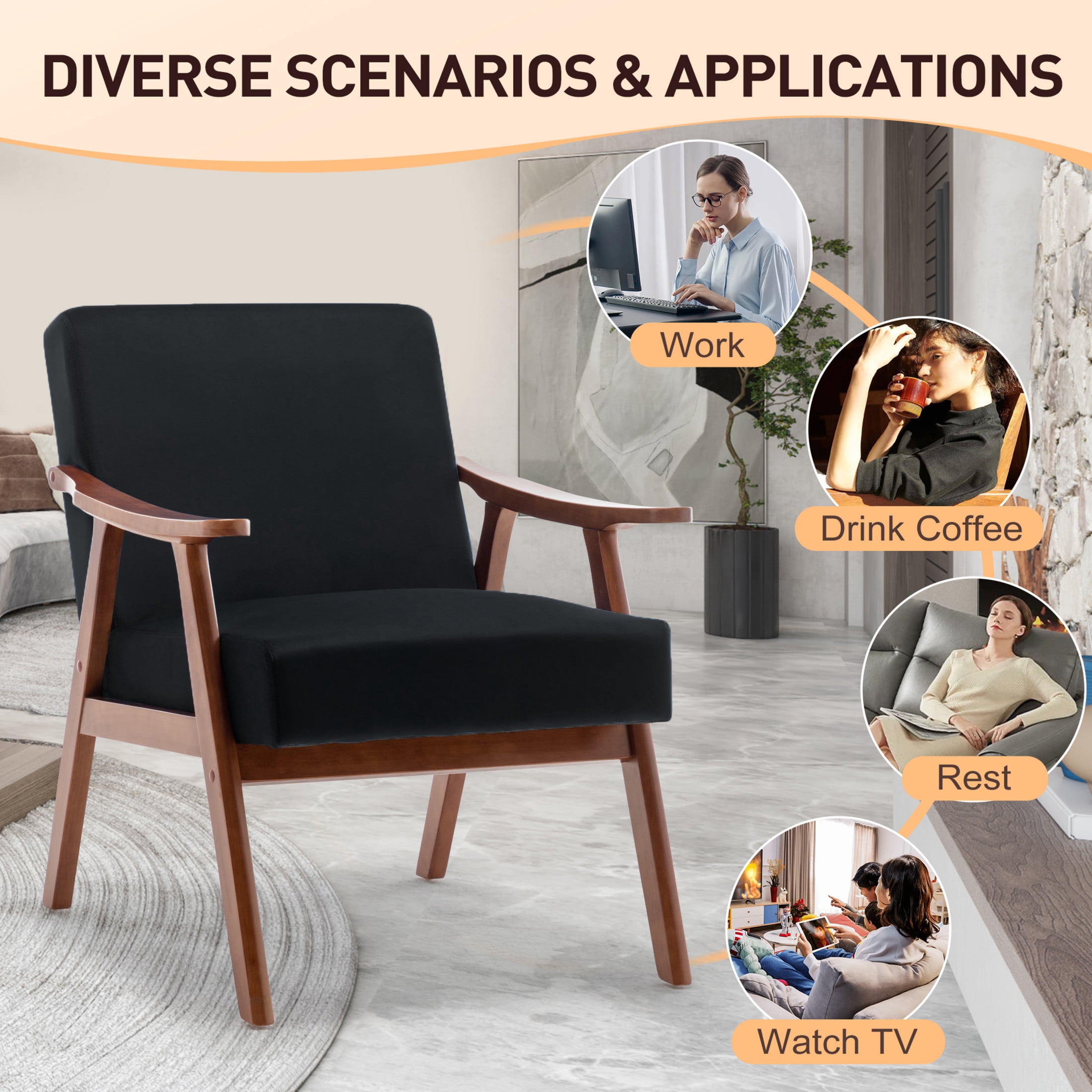 Noble House Jesse Modern Accent Chair, Solid Wood Thick Backrest Upholstered Velvet Lounge Armchair, Black