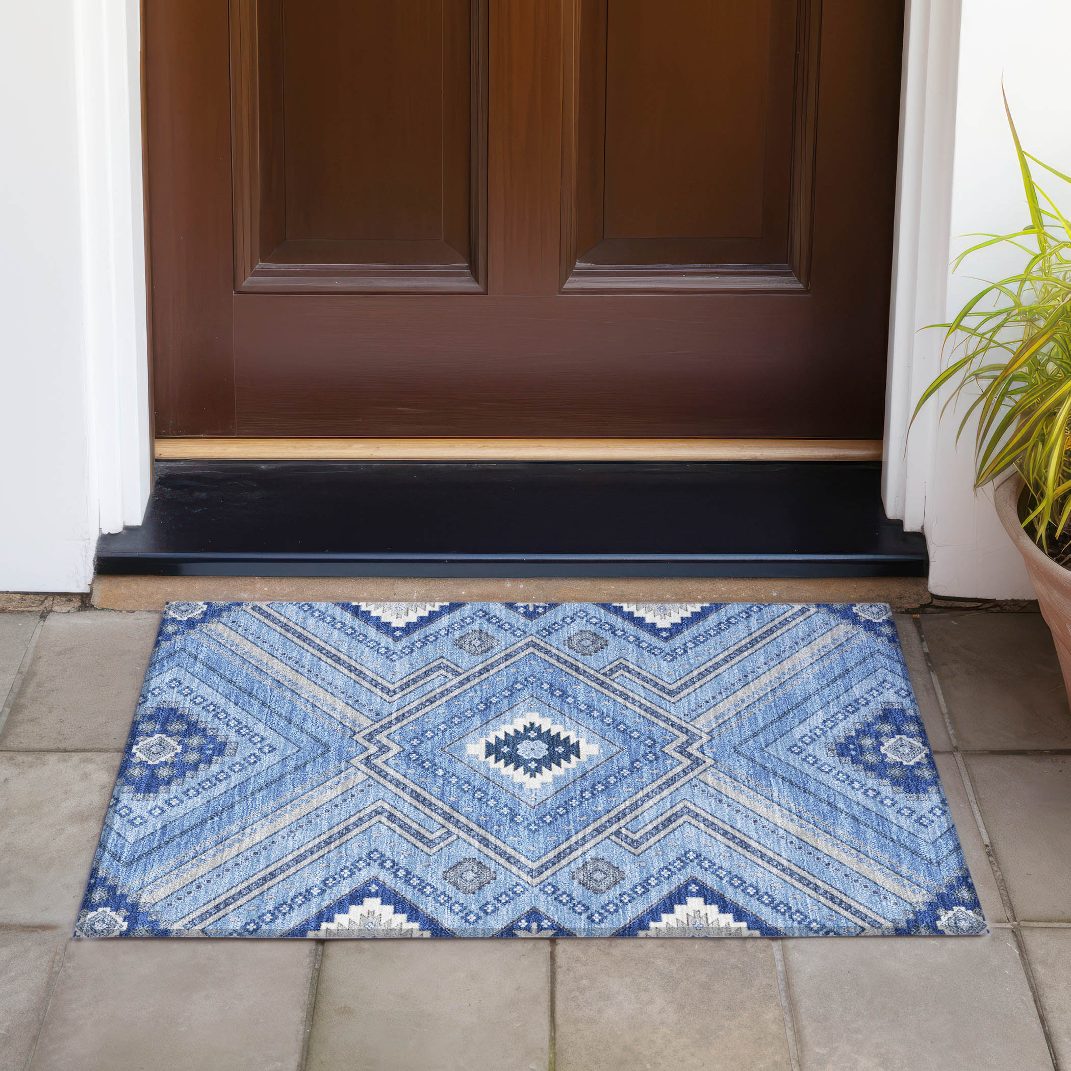 Addison Rugs Chantille Indoor/Outdoor Transitional Geometric, Abstract Blue Washable Rectangle Rug, 1'8" x 2'6"