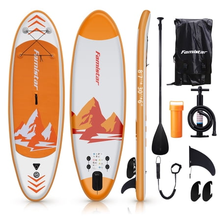 Famistar 8'7" Inflatable Stand Up Paddle Board SUP w/ 3 Fins, Adjustable Paddle, Pump & Carrying Backpack