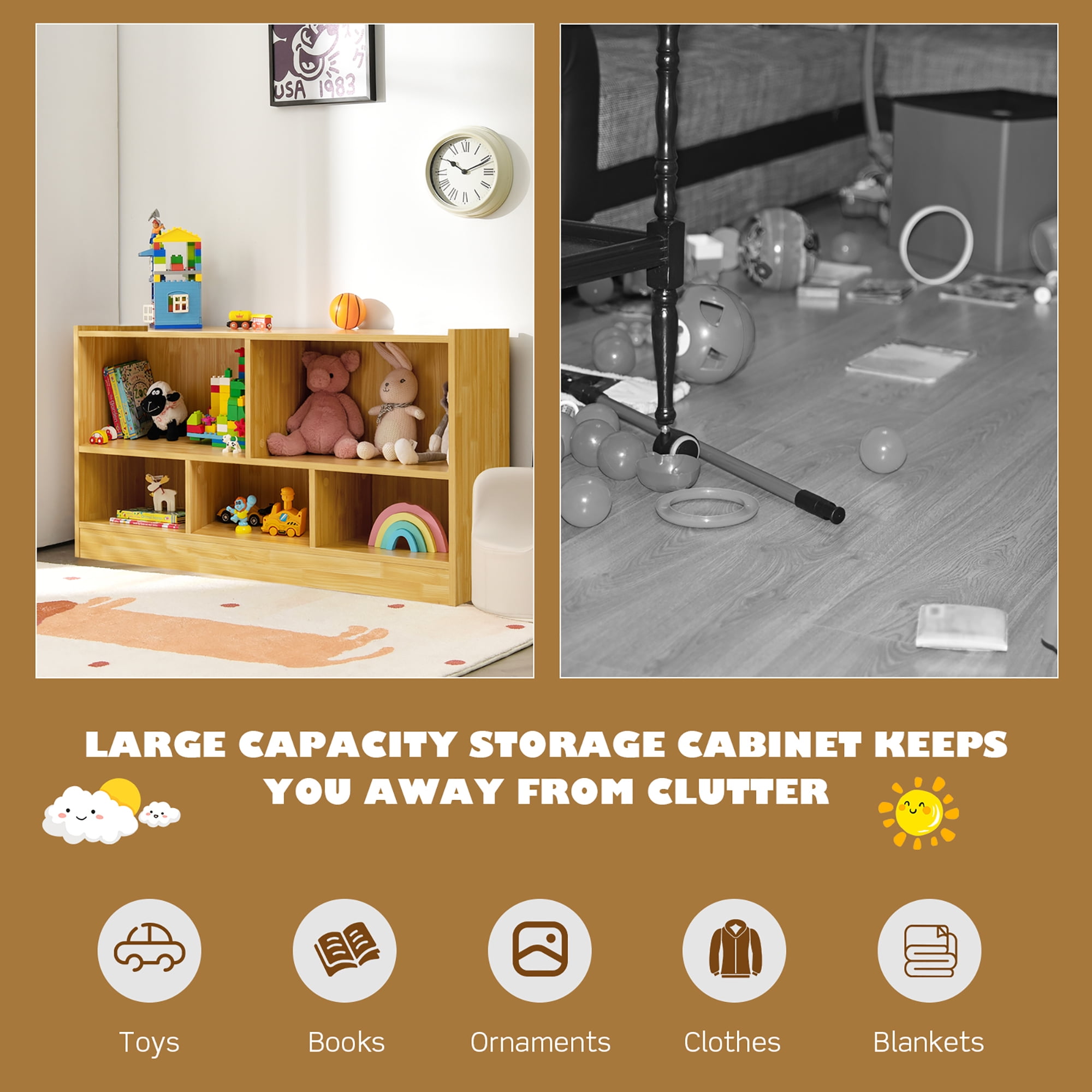 Costway Kids 2-Shelf Bookcase 5-Cube Wood Toy Storage Cabinet w/ Shelves Beige