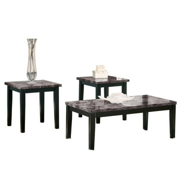 Benzara Faux Marble Top Table Set with Tapered Wooden Legs, Set of Three, Black and Gray