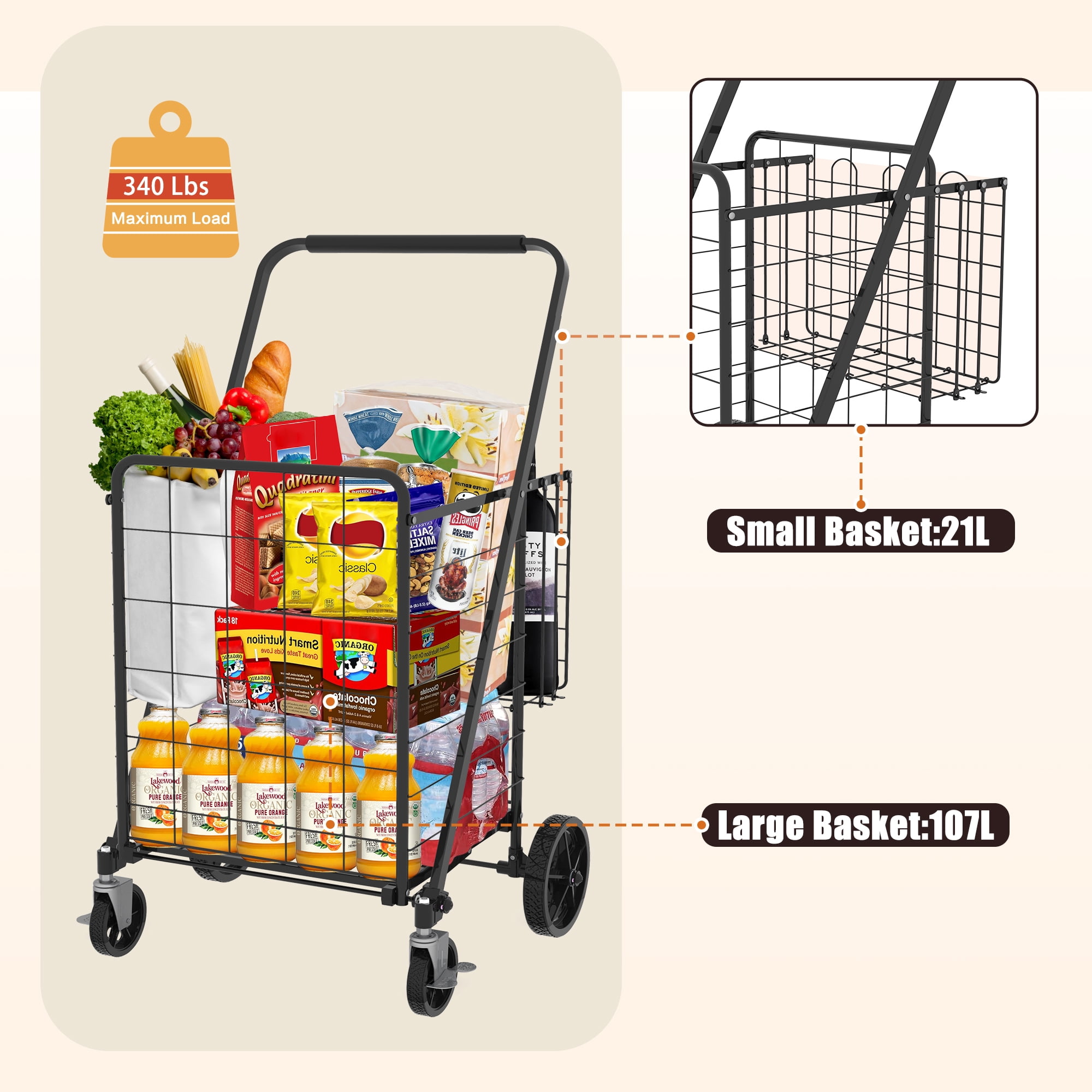 Yoneston Heavy Duty Shopping Cart with Side Basket, 340 LBS Capacity Folding Grocery Cart with Brake Wheels, Utility Cart for Laundry, Groceries, Travel, Black