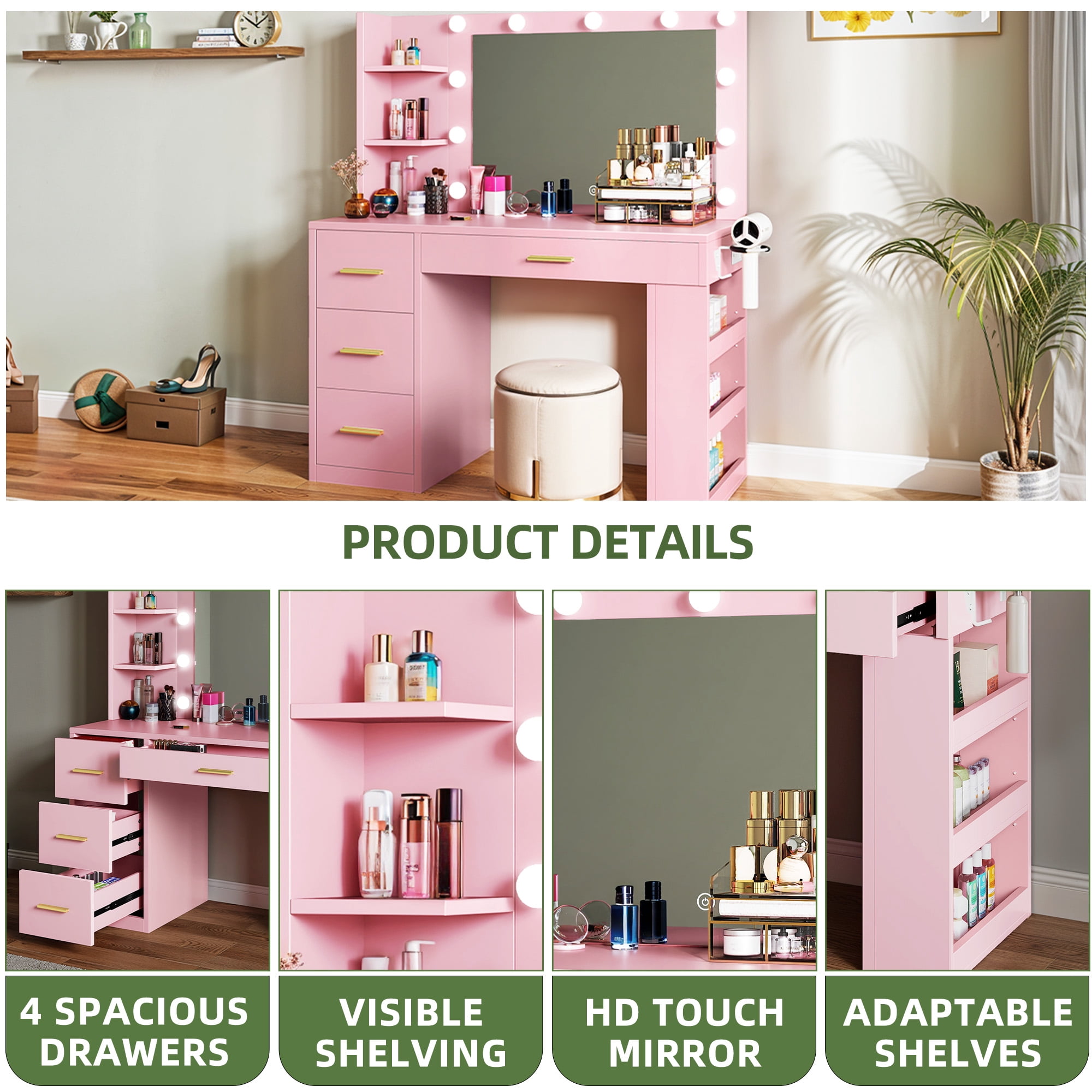 Uforic Makeup Vanity with 3 Color Lights & 3 Storage Shelves, Modern Vanity Makeup Desk, Pink