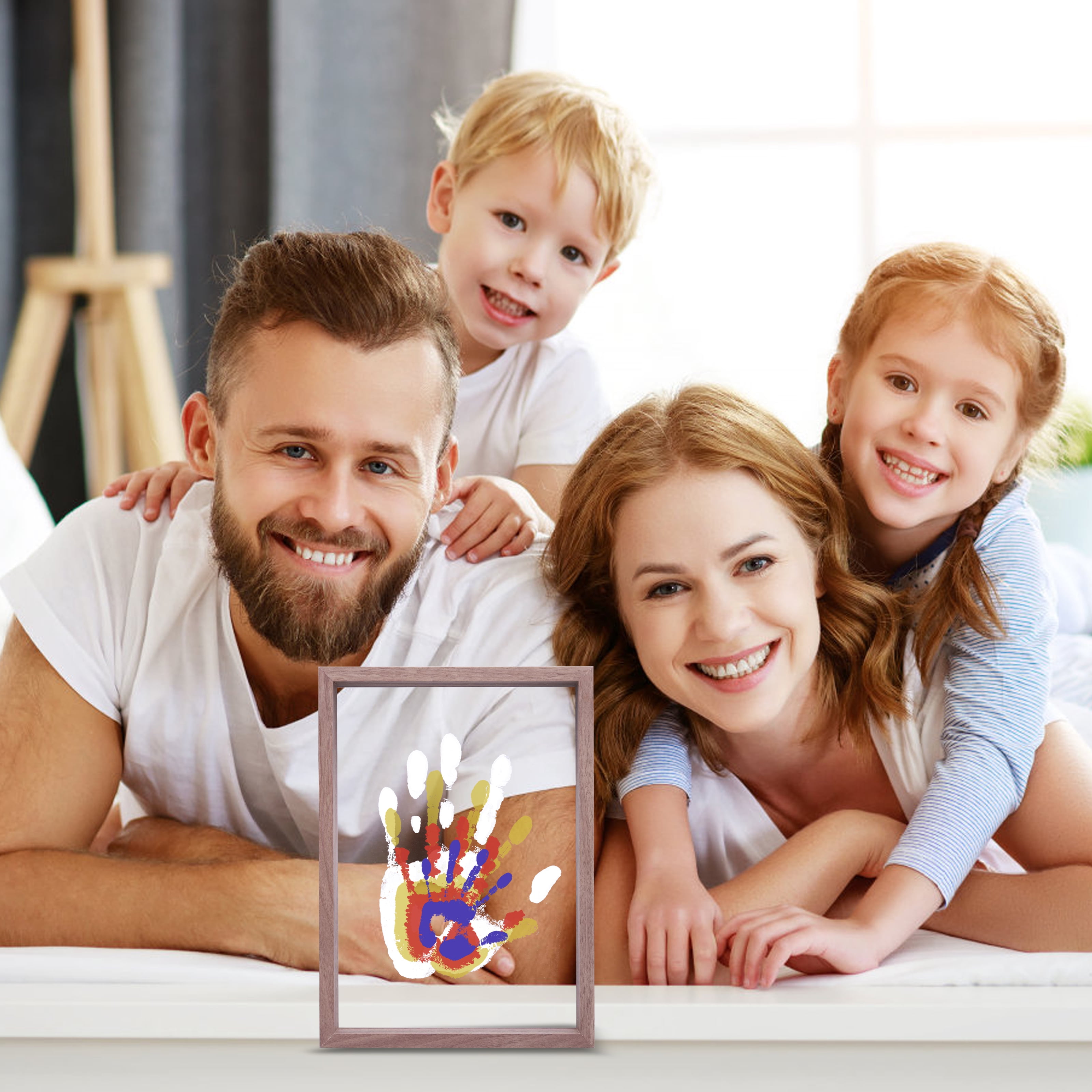 Family Handprint Kit, DIY Craft Keepsake Wood Frame, Endless Gift Set, 4 Transparent Sheets - Brown