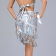 thumbnail image 6 of Sequin Tassel Dance Skirts Rave Faux Leather Sparkly Fringe Triangle Wrap Hip Scarf Skirts Silver, Free Size, 6 of 7