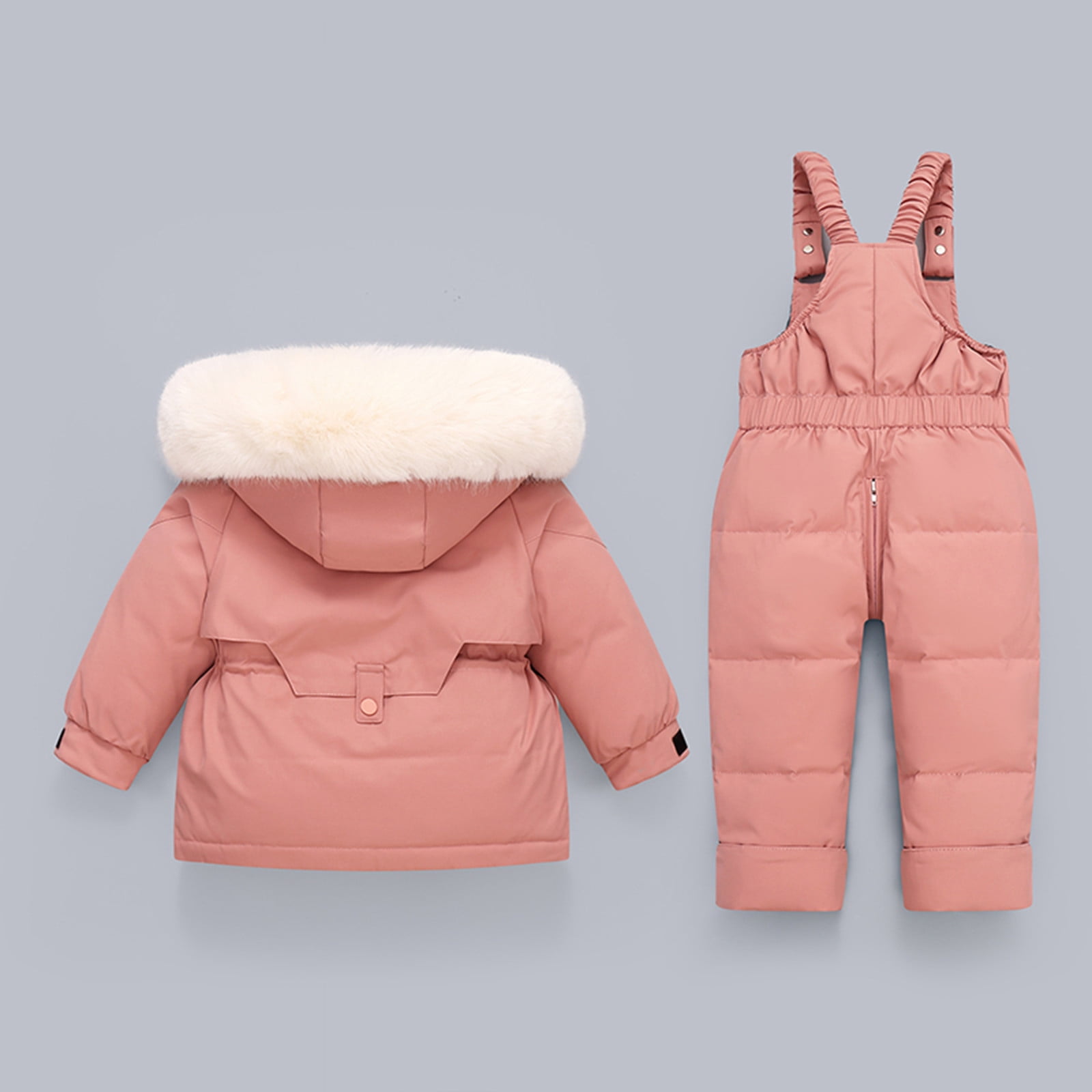 Jinhomg Unisex Baby Winter Snowsuit 2 Piece Toddler Warm Suits 2025 Trendy Windproof Faux Fur Trim Hooded Puffer Coat with Snow Bib Pants Sets Fall Saving Watermelon Red 12 Months