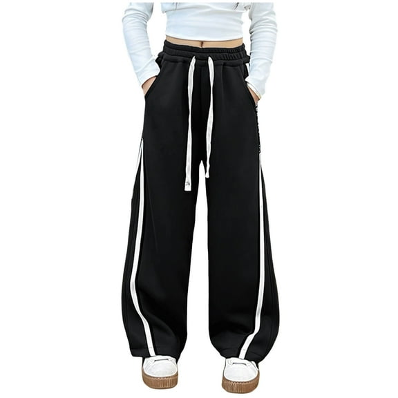 Caqnni Baggy Parachute Pants for Girls Wide Leg Cargo Pants Y2k with Pockets Boyfriend Harajuku Streetwear Joggers Pants,9-10 Years,Black