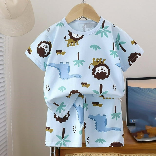 Little Boy Outfits Set Summer Clothes Crew Neck Cartoon Short Sleeve Tops Shorts Kids Clothes 5T Boys