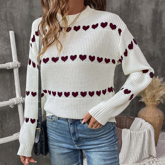 Hipattires Love Heart Print Sweaters for Women Skinny Casual Pullover Soft Knit Thick Warm Tops Winter Trendy Womens Blouse Red