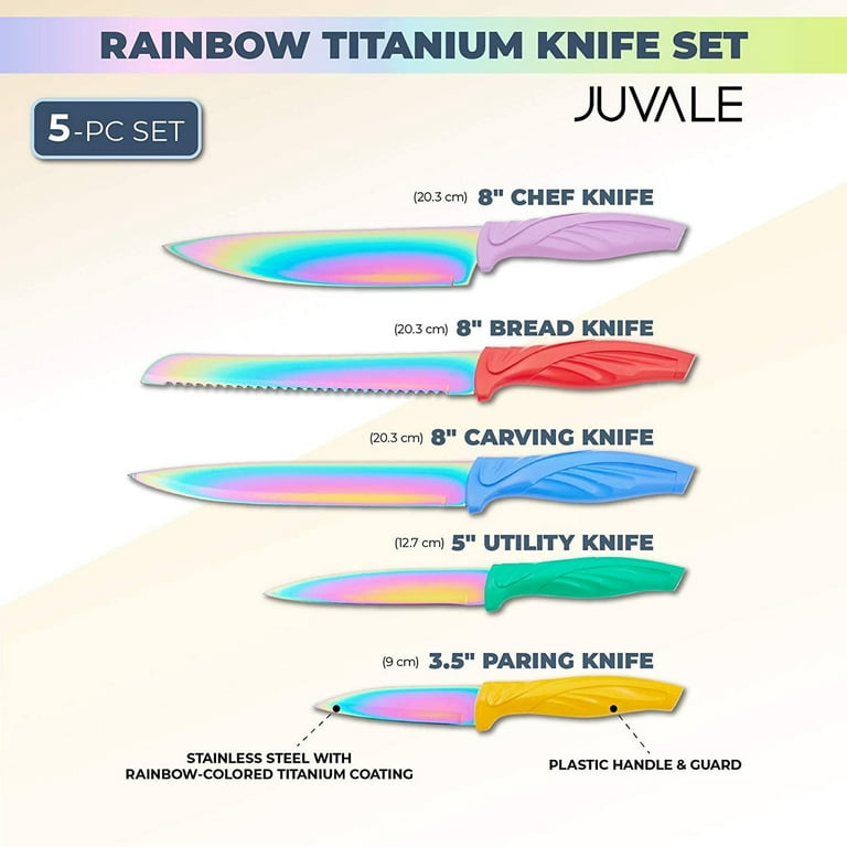 SiliSlick Kitchen Knife Set. 5 Elegant Knives, Chef Quality, SS Blades With  Ergonomic Handles, Rainbow Effect, Titanium Coating & Safety Sheath (Red  and Black Handle) 
