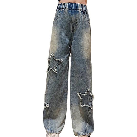 EnJoCho Teen Girls Star Baggy Jeans Kids Trendy Cute Straight Wide Leg Denim Pants Tween 𝖸𝟤𝖪 Prep𝗉y Elastic High Waist Bottoms Trousers Streetwear Fashion Casual Comfort