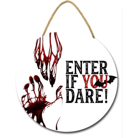 Eveokoki 11" Enter If You Dare Bloody Handprint Halloween Decoration Halloween Sign for Front Door,Round Wood Sign Hanging Wreaths for Home Wall Decor Halloween Day Party Decoration Outdoor Indoor