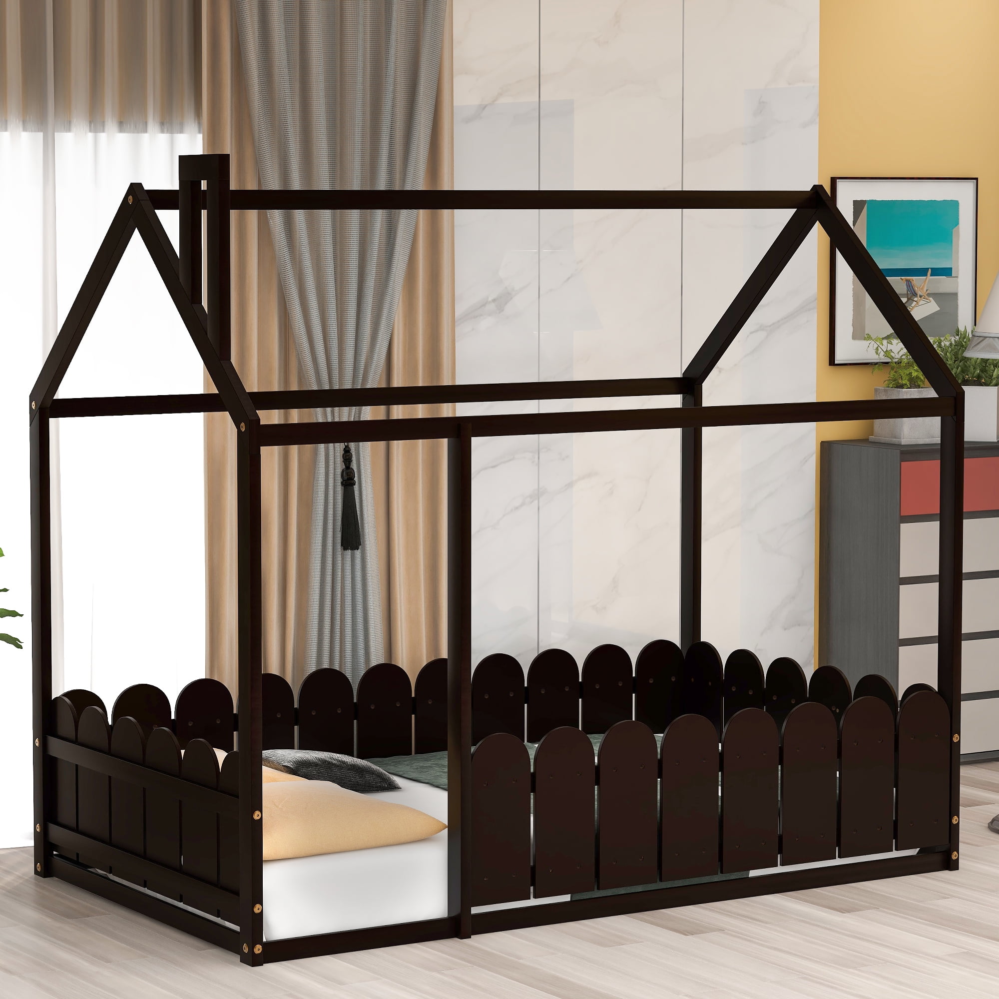 Twin Size Wood Bed House, Cabin Bed with Roof, Bed Frame with Fence for Kids, Teens, Girls, Boys (Espresso ) Twin Size Wood Bed House, Cabin Bed with Roof, Bed Frame with Fence for Kids, Teens, Girls, Boys (Espresso )