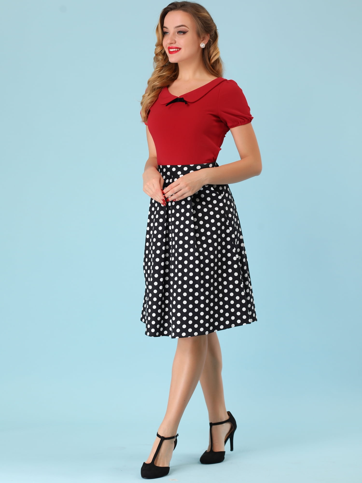 DARING DIVA Flat Collar Elastic Cuff Bow Decor Blouse L Red