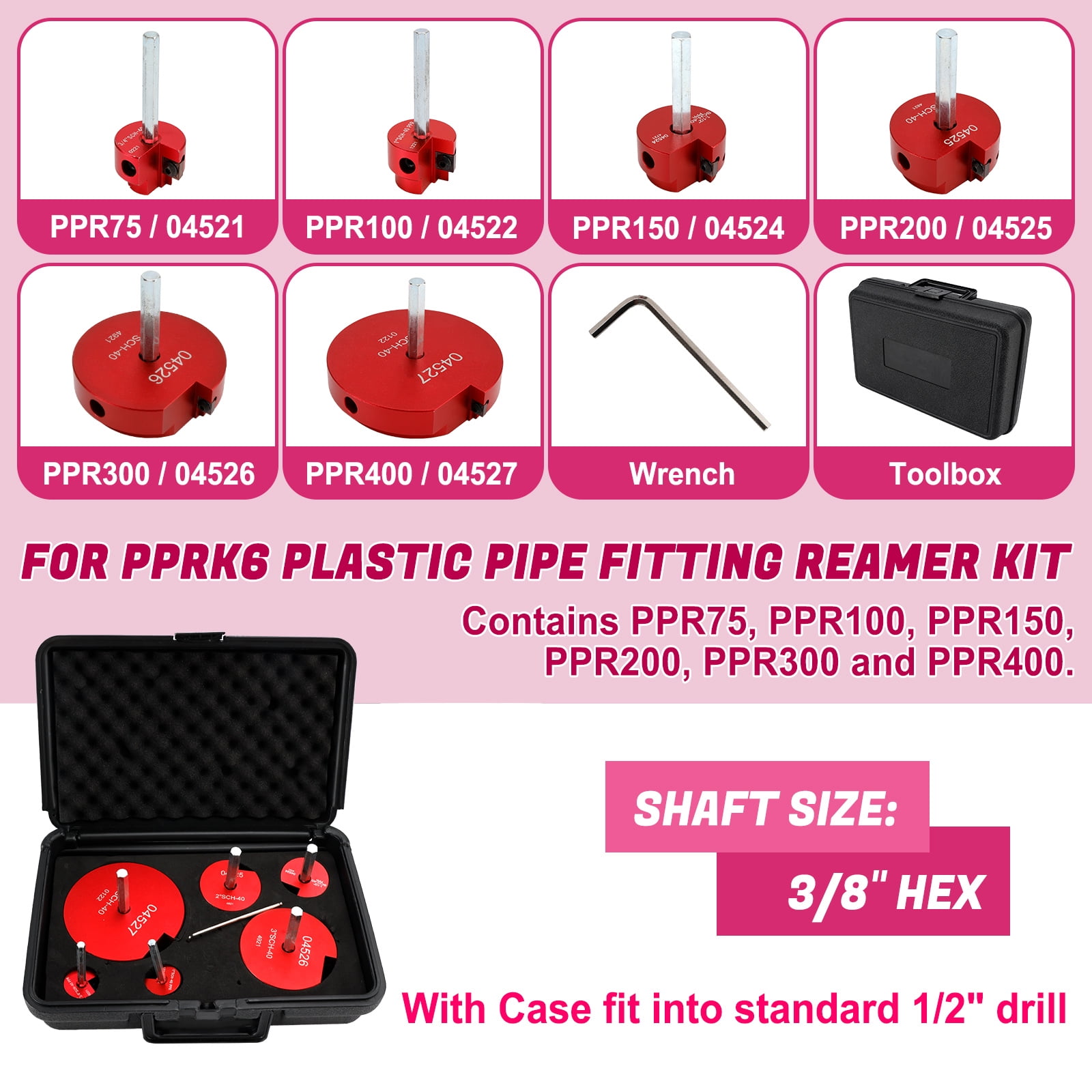 6 PCS  Plastic Pipe Fitting Reamer kIt04529 for PPRK, PVC Reed Pipe Reamer Kit Contains 3/4",1",1-1/2",2",3",4" Aluminum Head Fit into Standard 1/2" Drill for CPVC, PPR or ABS