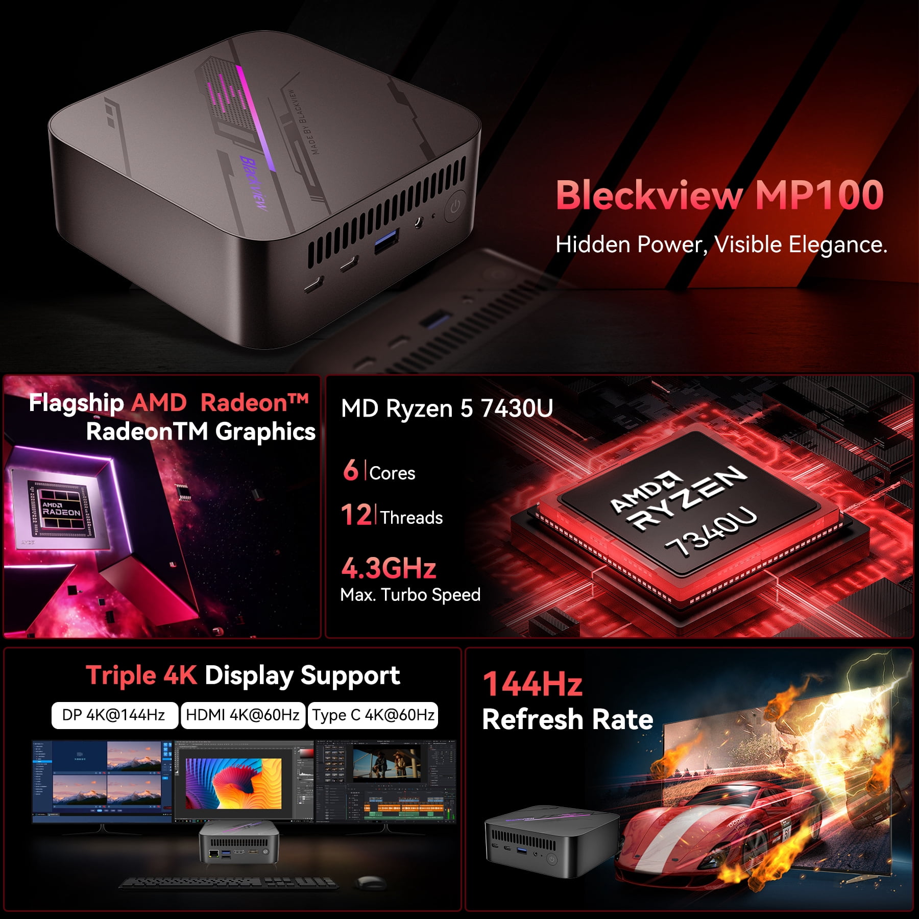 Blackview MP100 Pro Mini PC, AMD Ryzen 5 7430U(4.3GHz, 6C/12T), 16GB LPDDR4 512GB PCIE4.0 SSD, Triple 4K(HDMI+DP+Type-C), WiFi 6, BT 5.2, Windows 11 Pro with 3-Year Warranty, for Laptop, Monitor