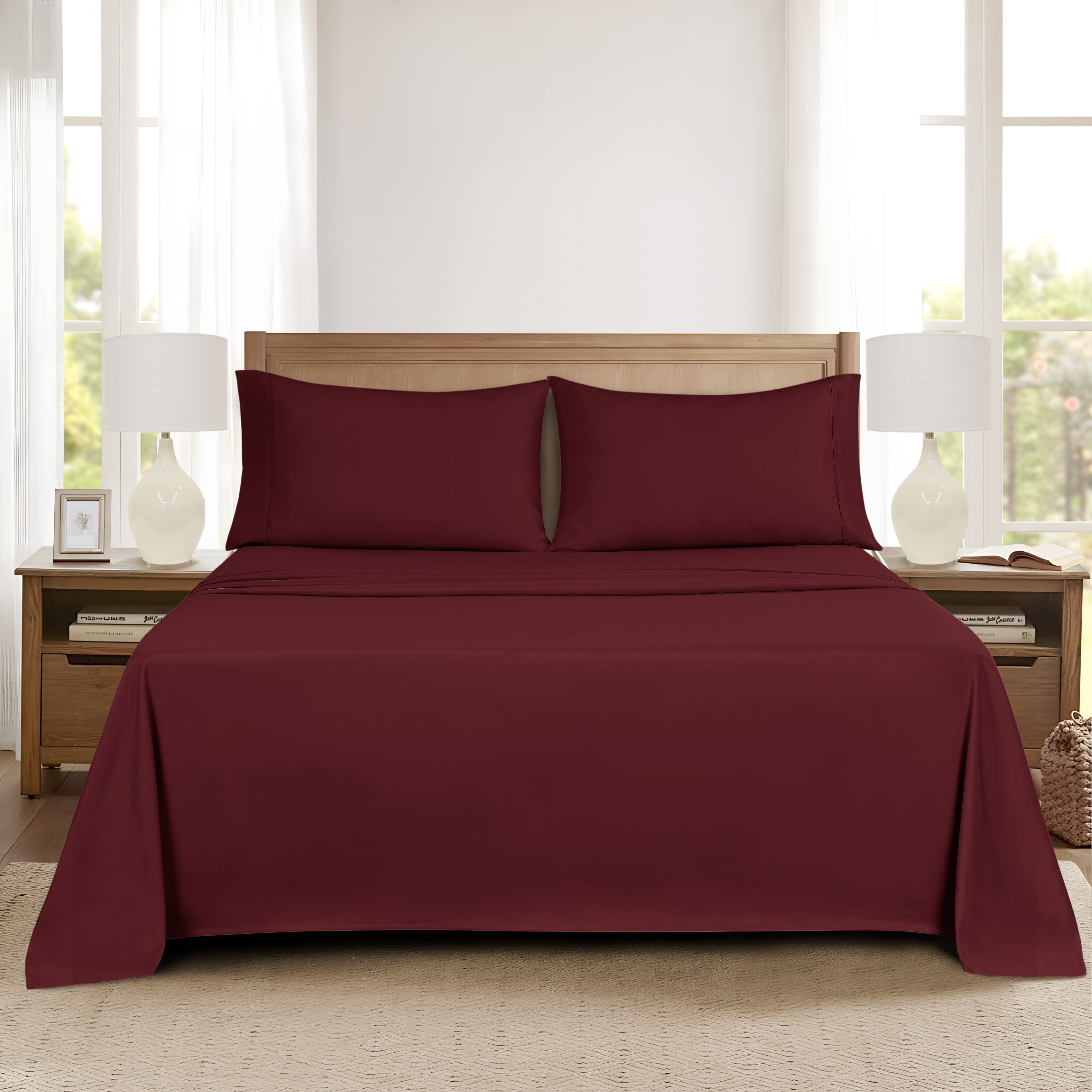 Mainstays Super Soft Brushed Microfiber Bed Sheet Set, Luscious Red Merlot, King, 4 Piece