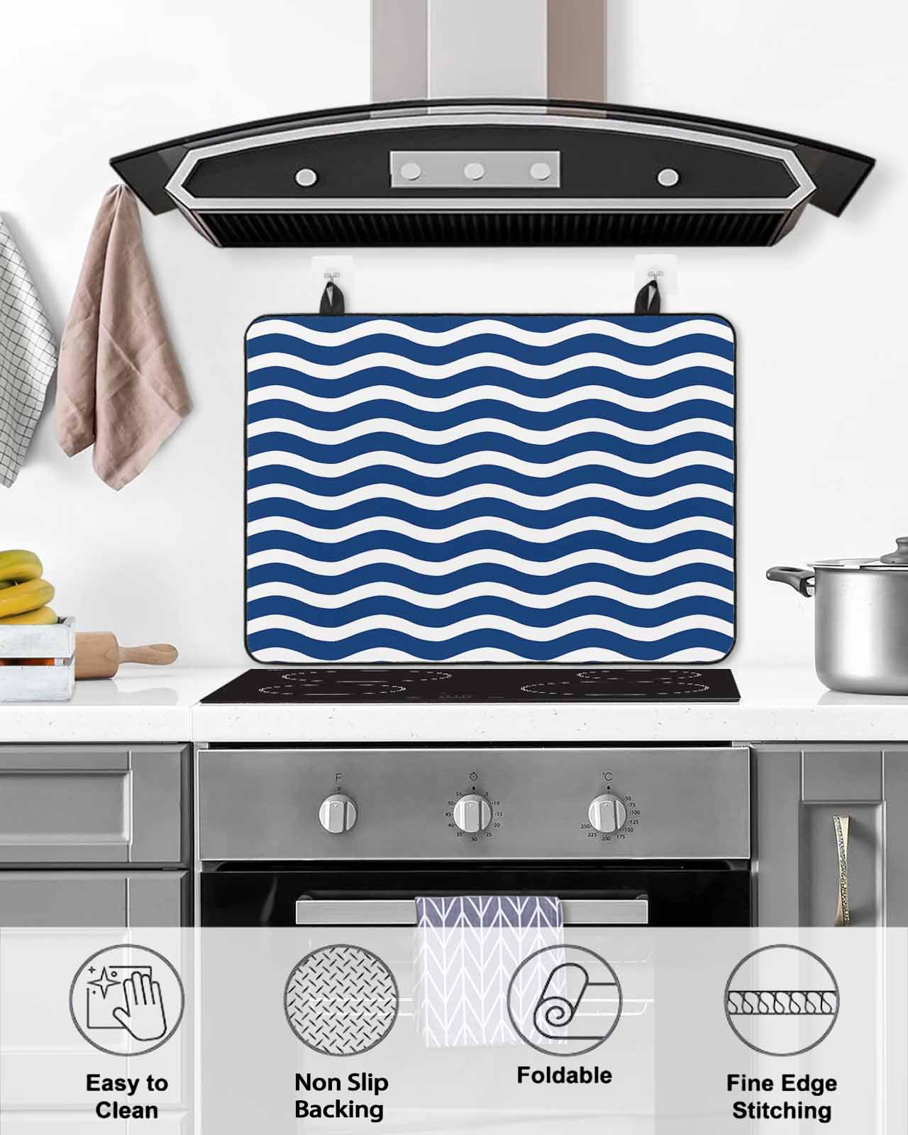 nqOlkjepod Large Induction Cooktop Protector Mat 36"x21", Navy Blue White Stove Top Covers for Electric Stove, Abstract Waves Water Ripple Striped Stove Burner Cover Mats, Glass Top Stove Cover