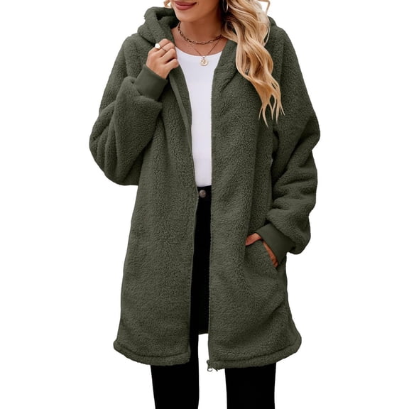 Women's Solid Color Plush Long Coat, Fashion Hooded Zip Front Jacket with Pockets, Casual and Warm Fleece Outerwear for Fall Winter Daily Wear-JN