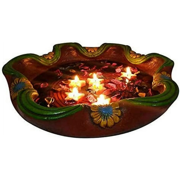 India Meets India Star Shape Floating Aroma Candles Big Terracotta Hand Painted Decorative Bowl and Potpourri Dried Flowers (Round Shaped, 12 x 3.5 Inch)