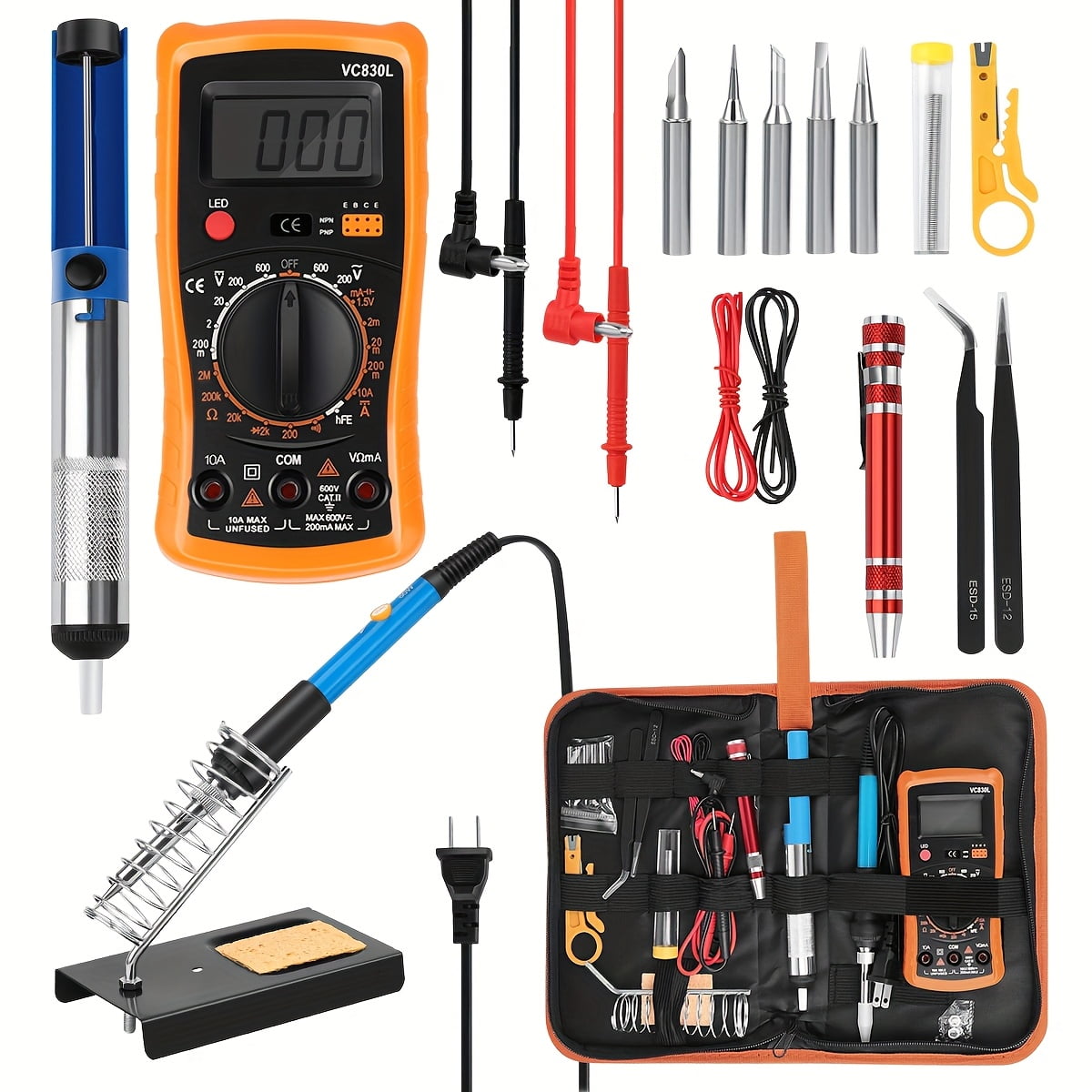 15/19pcs 60W Electrical Soldering Iron Kit - US Plug Adjustable Temperature 200-450°C Welding Tool, 15pcs Excludes Multimeter for DIY/Electronics Repair