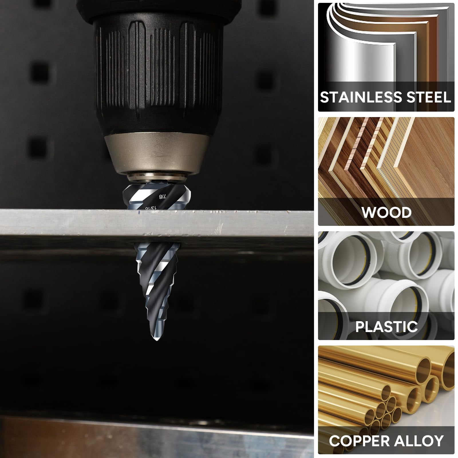 Four Spiral Flute Step Drill Bit Set, 3PCS 1/8"-7/8" High-Speed Steel Unibit Step Bits with 1/4" Hex Shank for Stainless Steel Metal Aluminum Wood Plastic