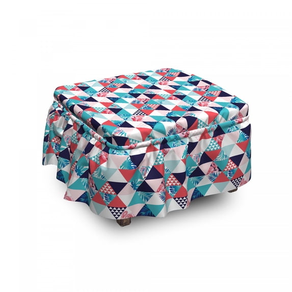 Flamingo Ottoman Cover, Triangles Beach Mosaic, 2 Piece Slipcover Set with Ruffle Skirt for Square Round Cube Footstool Decorative Home Accent, Standard Size, Multicolor, by Ambesonne