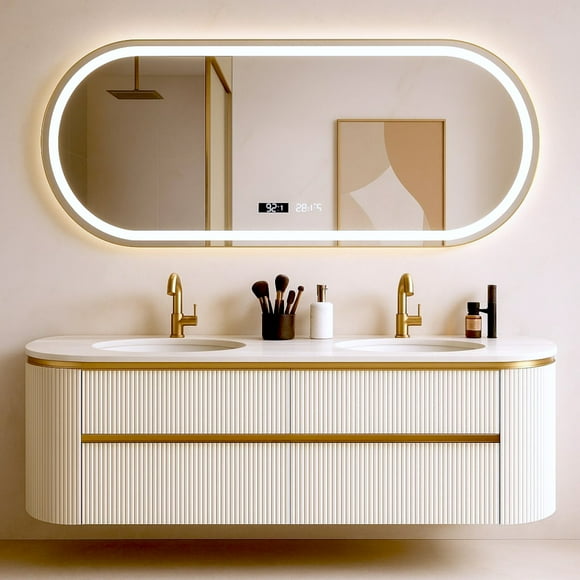 ESSENCIA 60 Floating Bathroom Vanity with LED Smart Mirror, Heavy Duty Sintered Stone countertop, Double Ceramic Sinks, Wood Cabinet, Ravena (White)