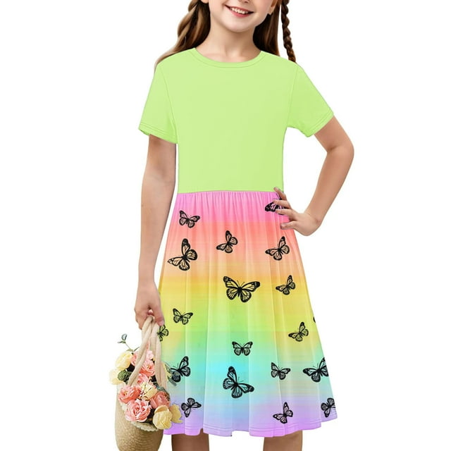 Offre Hebdomadaire d'Été Iumwxz Robes Plissées Confortables Extensibles à Ligne A Robes Col Rond Graphiques Colorées à Manches Courtes pour Enfants Robes Douces et Confortables pour Rester à la Maison 4-14 Ans