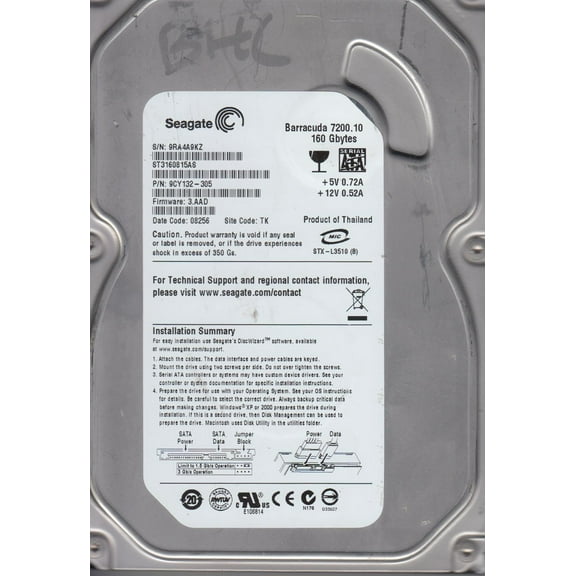 ST3160815AS, 9RA, TK, PN 9CY132-305, FW 3.AAD, Seagate 160GB SATA 3.5 Hard Drive