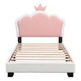 thumbnail image 4 of Twin Size Upholstered Princess Bed, Platform Bed with Crown Headboard and Footboard, Pink Bed Frame for Girls, White, 4 of 9
