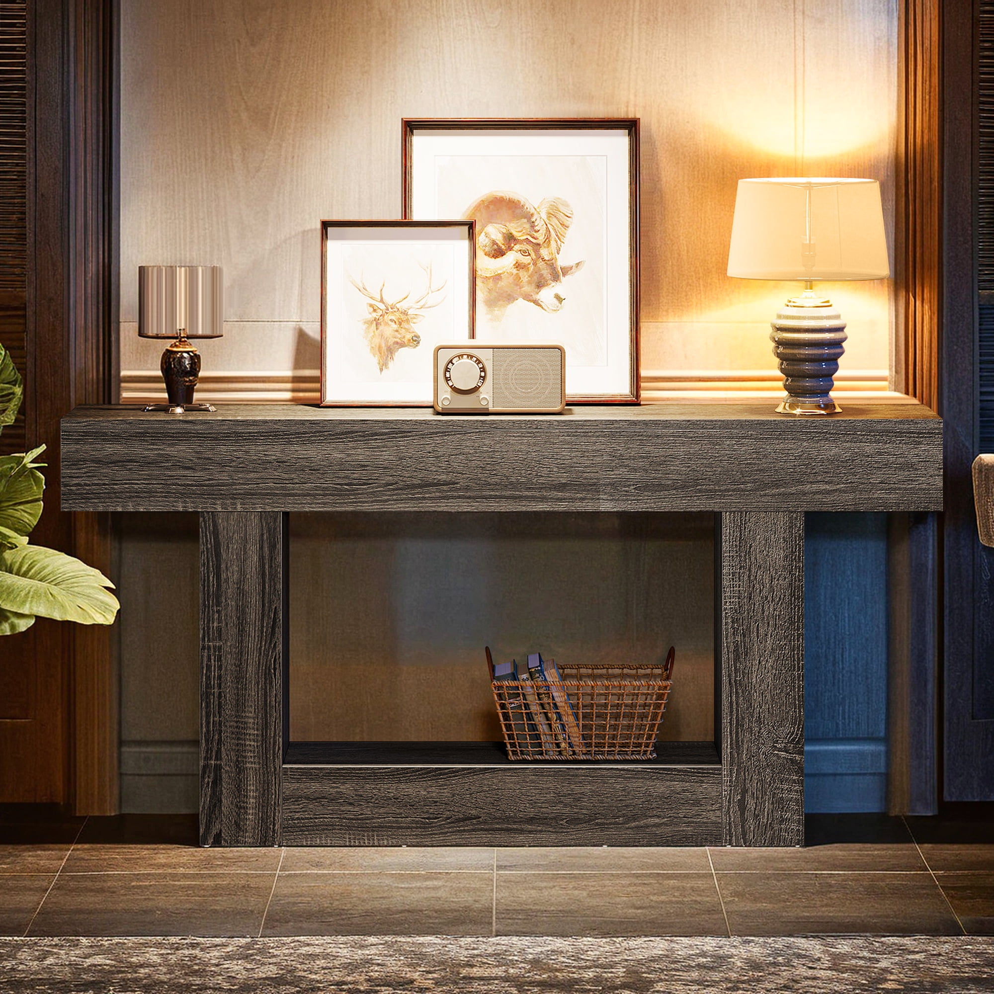 Demi Bonn 63" Wood Console Table, Farmhouse 2-Tier Sofa Table Entryway Table, Foyer Display Table, Dark Gray