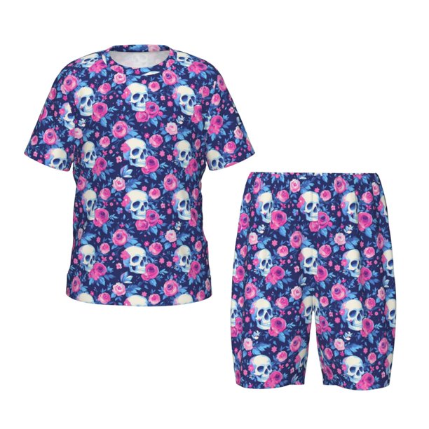 Balery Skull Flower Conjunto de Pijama Infantil de Manga Corta con Estampado – Ropa de Dormir de Algodón Suave-4X-Large