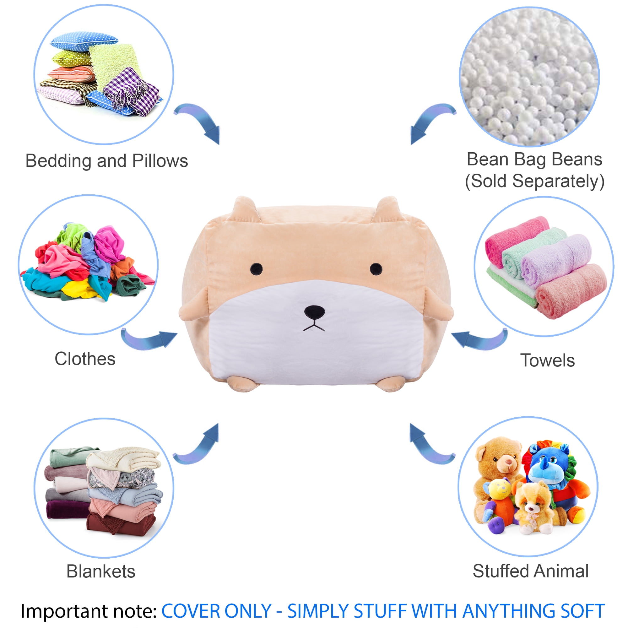 Posh Creations Animal Bean Bag Stuffable Cover, Soft Cover, Kids, 2 ft, Tan