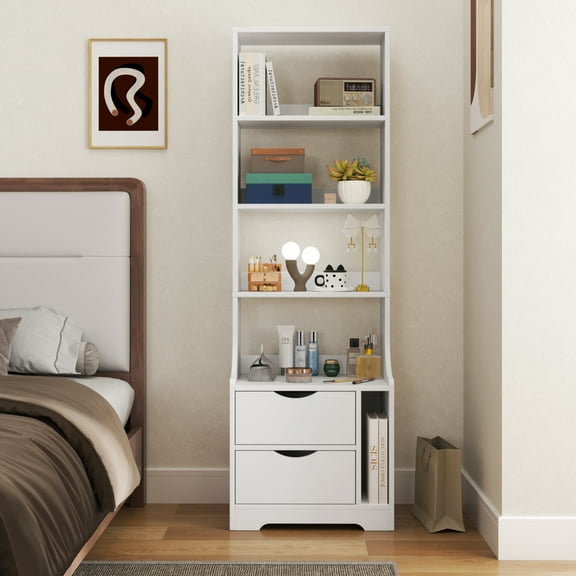 White Night Stand with Bookshelf and 2 Storage Drawers for Bedroom