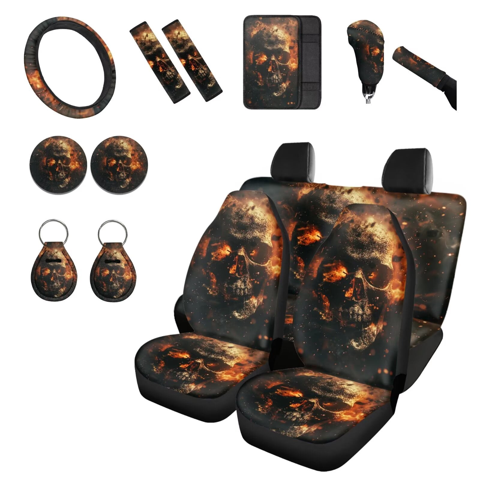 Chririnla Flame Skull Car Seat Cover Full Set for Women Men Soft Car Seats Covers for Front Rear 14Pcs Sets with Coasters, Gear Shift Cover, Steering Wheel Cushion Vehicle Interior Decoration