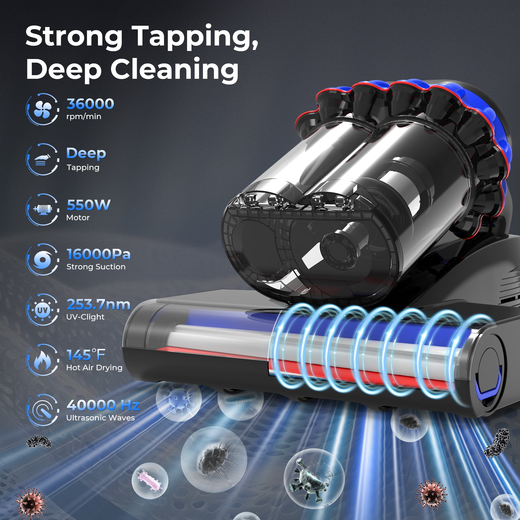 MOOSOO Mattress Vacuum Cleaner with UV Light, 16Kpa Ultrasonic Bed Vacuum with LED Display, Multiple Filtration Handheld Vacuum for Home,Bed,Couch,Pet