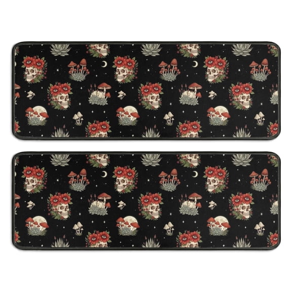 Kitchen Rugs Sets Of 2,Black Skull Flower Mushroom Pattern Anti Fatigue Kitchen Mat Rugs Non Slip Washable,Decorative Kitchen Floor Mats for Kitchen,Sink,Laundry,17"x47" 17"x47"