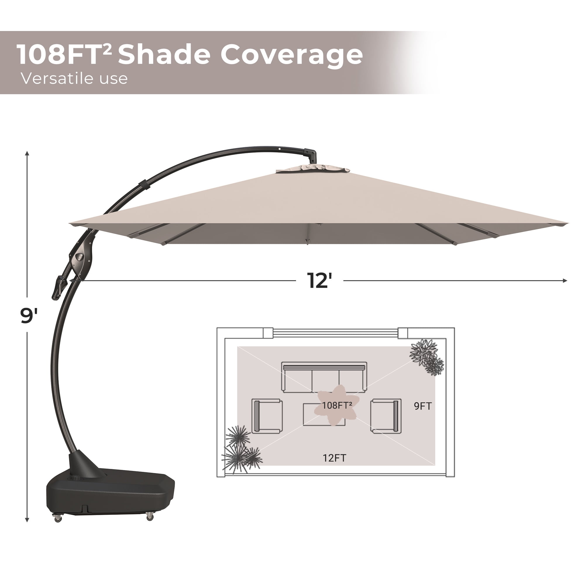 GRANDPATIO Patio Umbrellas 9x12 FT Rectangular Offset Umbrella, Large Patio Cantilever Umbrella with Base Aluminum Outdoor Umbrella for Garden Poolside, Champagne