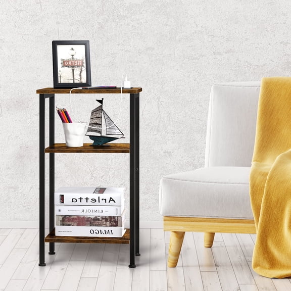 3-Tier Industrial Side Table with Charging Station, Rustic Brown End Table with USB Ports & Shelves for Bedroom, Living Room