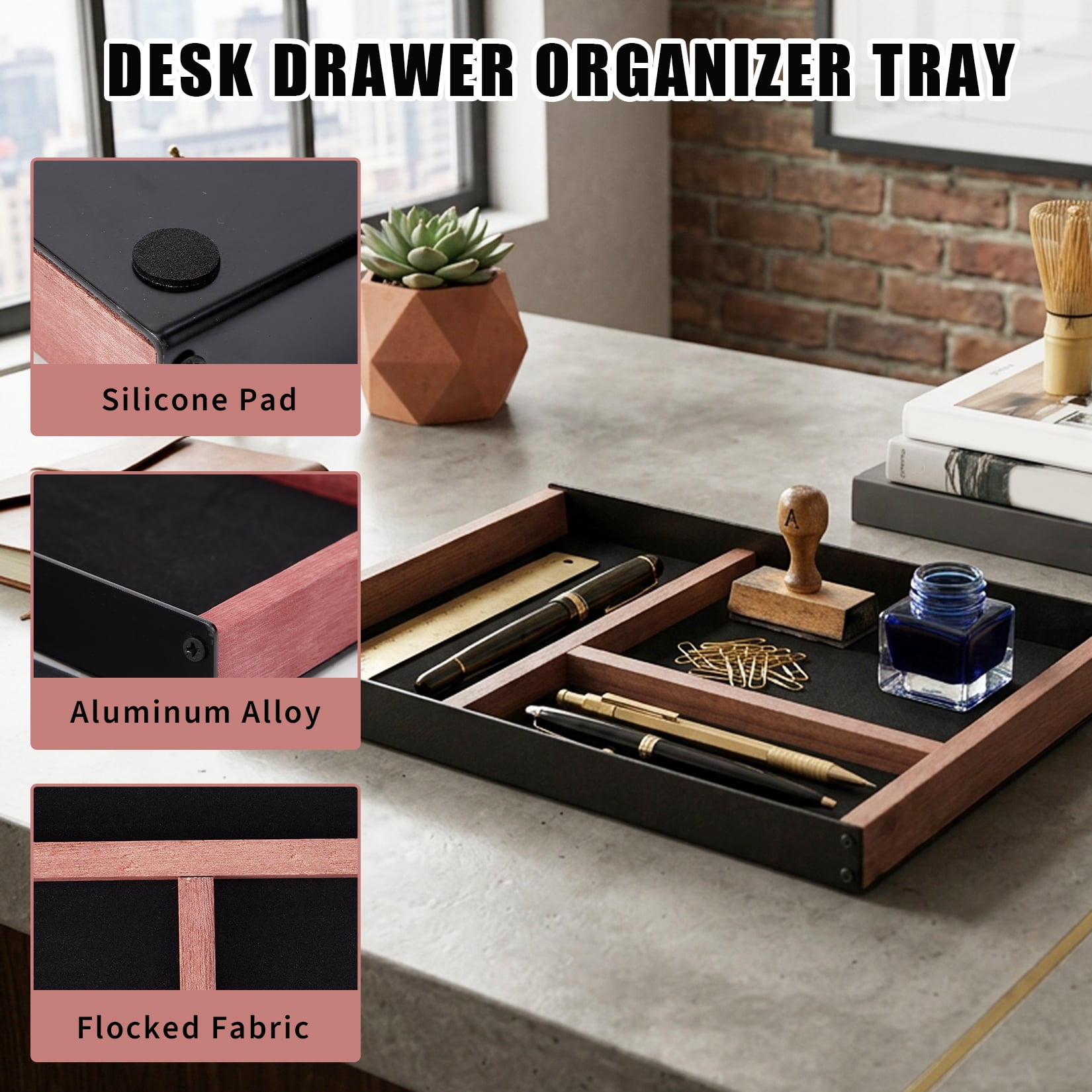Garvee Wood and Metal Desk Organizer Tray, 3-Compartment Shallow Drawer Organizer for Office Supplies, 13x9x1.1 Inch Iron and Paulownia Wood Desk Accessories Decor, 3.5lbs Heavy Duty Non-Slip