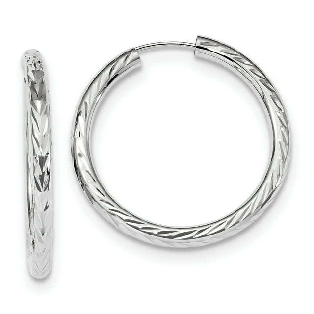 Boucles d'Oreilles Créoles Fines en Or Blanc 14K Poli et Découpé en Diamant