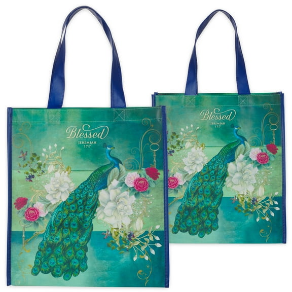 Christian Art Gifts Floral Peacock Reusable Multicolor Shopping Tote Bag for Women: Blessed - Jer. 17:7 Scripture, Easy-hold, Durable, Collapsible Handbag for Groceries, Books, Supplies, Blue/Green