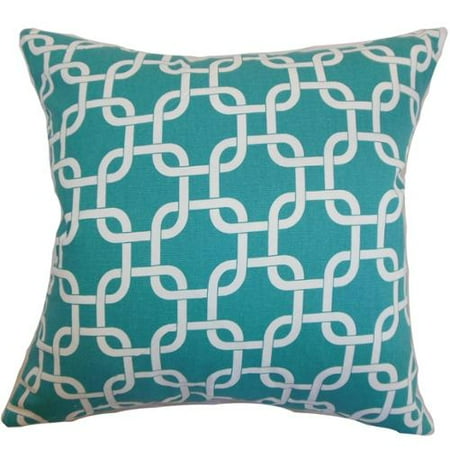 The Pillow Collection Qishn Geometric Turquoise Feather Filled