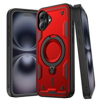 Elegant Choise Magnetic Case with Screen Protectors for iPhone 16 Pro Max/16 Pro/16 Plus/16 Dual-layer Full Protective Phone Cover with Ring Kickstand, Red