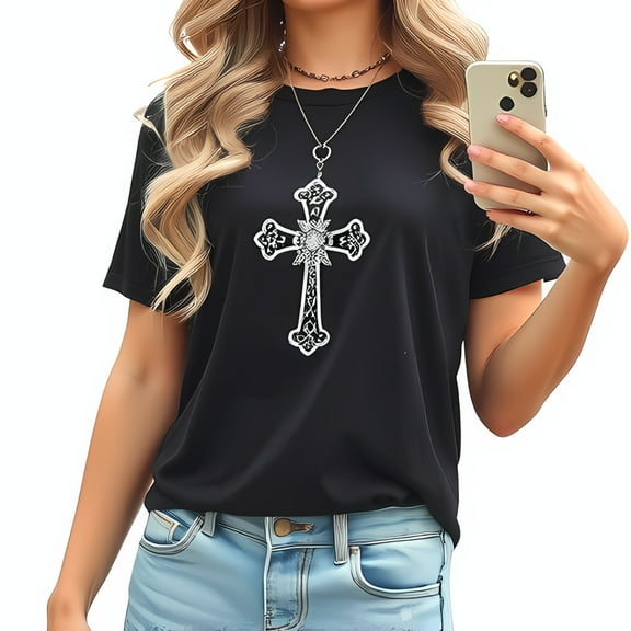 Chic Black Cotton Short Sleeve T-Shirt with Striking Cross Design - Casual Fashion for Everyday Wear