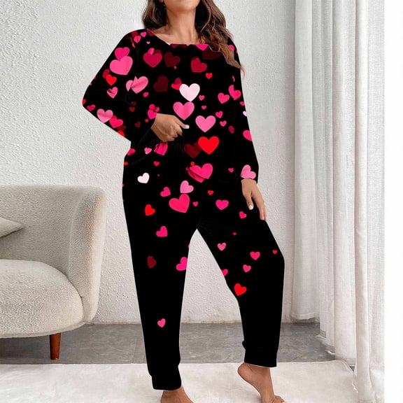 FNFYFH Women's Pajama Sets Plus Size Long Sleeve Ladies Loungewear Soft Sleepwear Valentines PJs Set