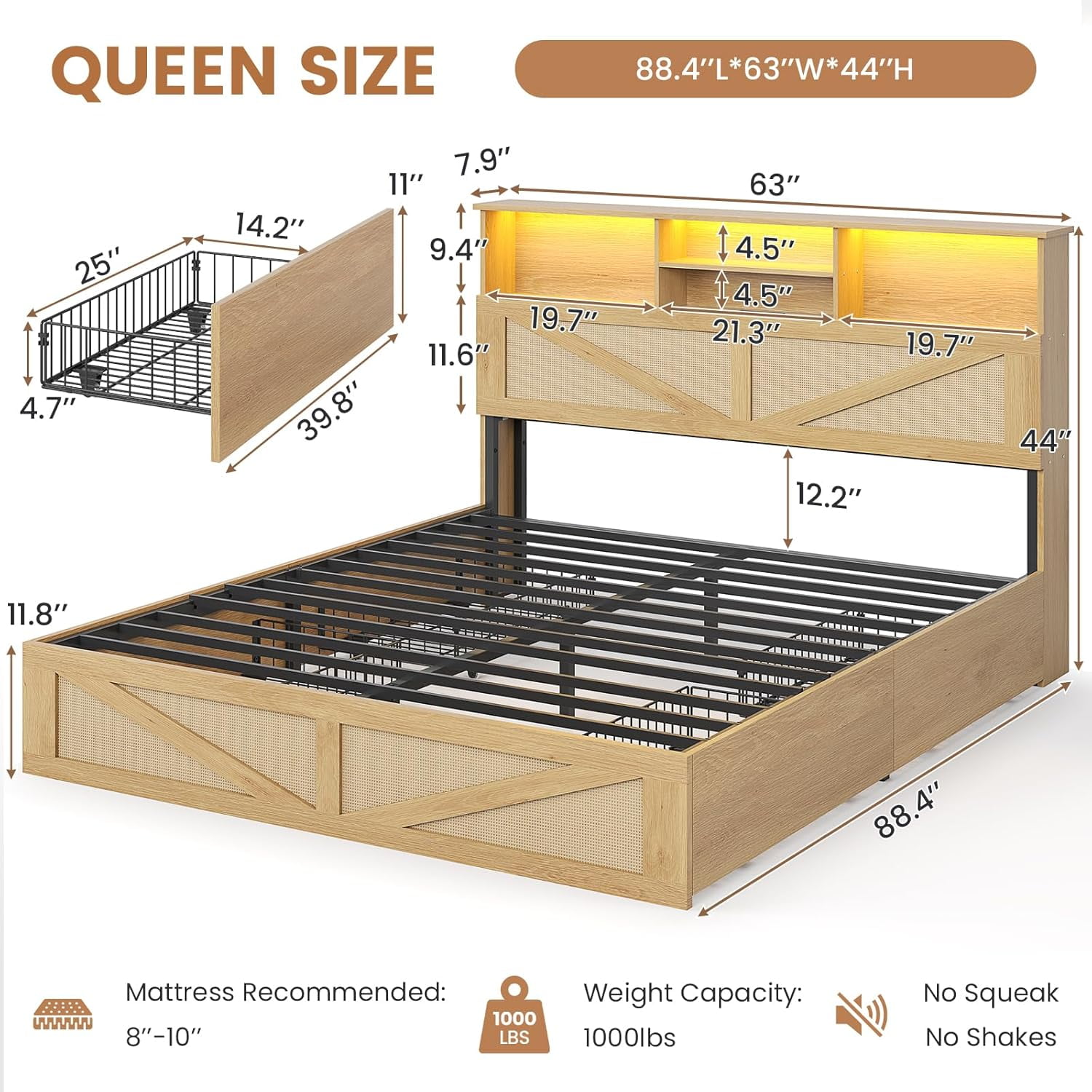 AOGLLATI Queen Size Bed Frame with Storage Drawers & Rattan Headboard - Boho LED Platform Bed with Charging Station, No Box Spring Needed