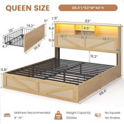 AOGLLATI Queen Size Bed Frame with Storage Drawers & Rattan Headboard - Boho LED Platform Bed with Charging Station, No Box Spring Needed
